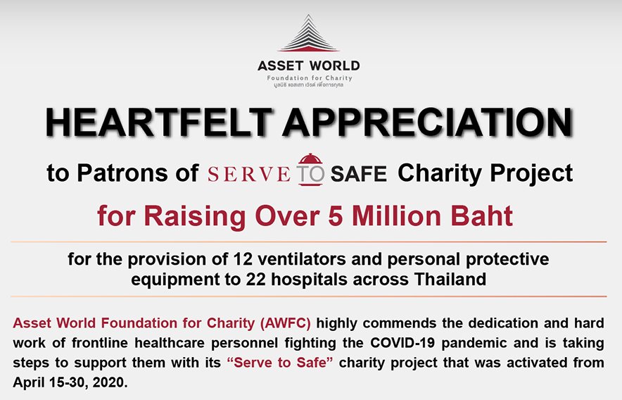Heartfelt Appreciation to Patrons of ‘Serve to Safe’ Charity Project for Raising Over 5 Million Baht for the provision of 12 ventilators and personal protective equipment to 22 hospitals across Thailand